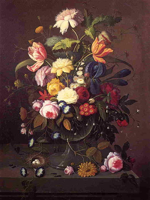 Vase Of Flowers In Footed Glass Bowl With Bird's Nest — Severin Roesen