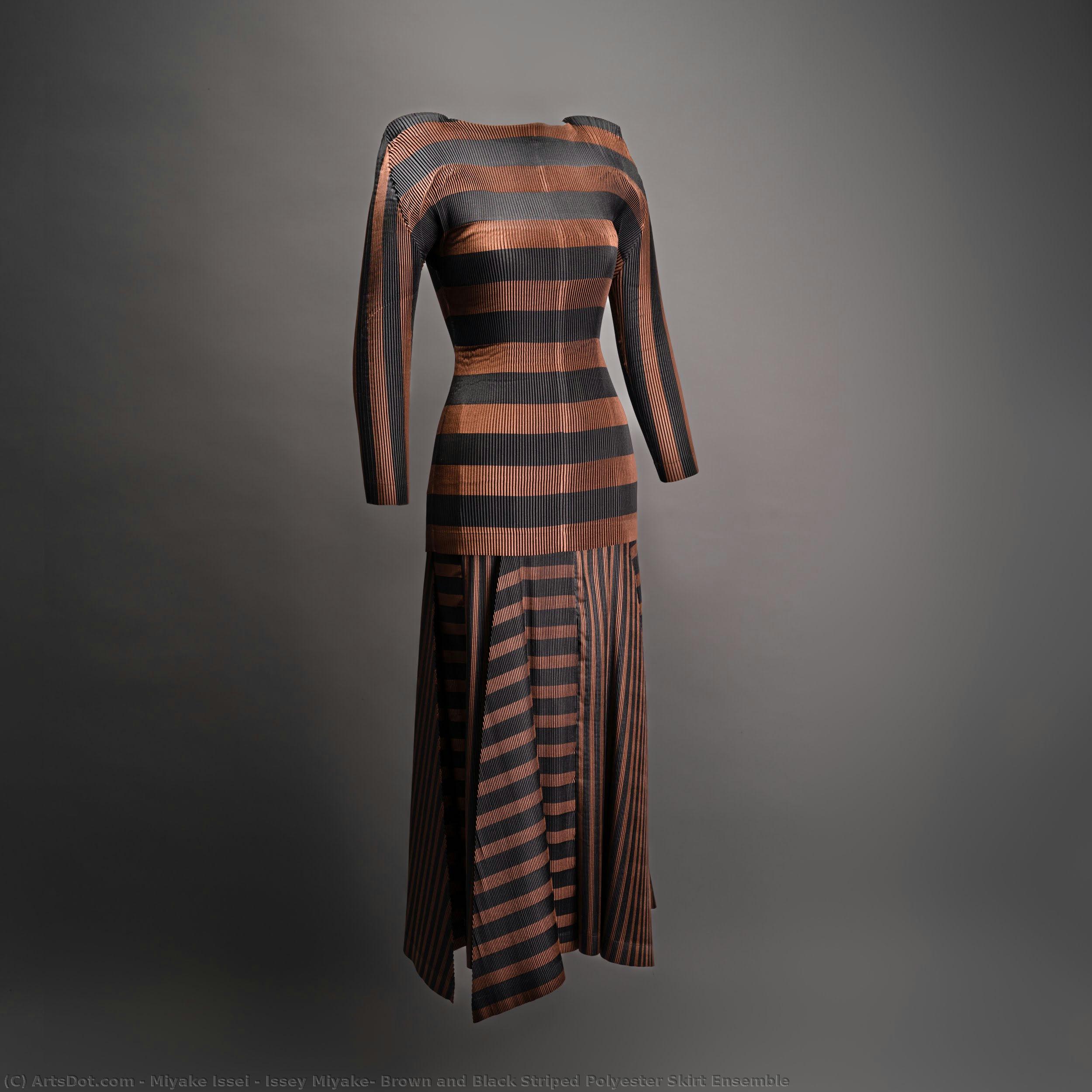 Issey Miyake, Brown And Black Striped Polyester Skirt Ensemble — Issey Miyake