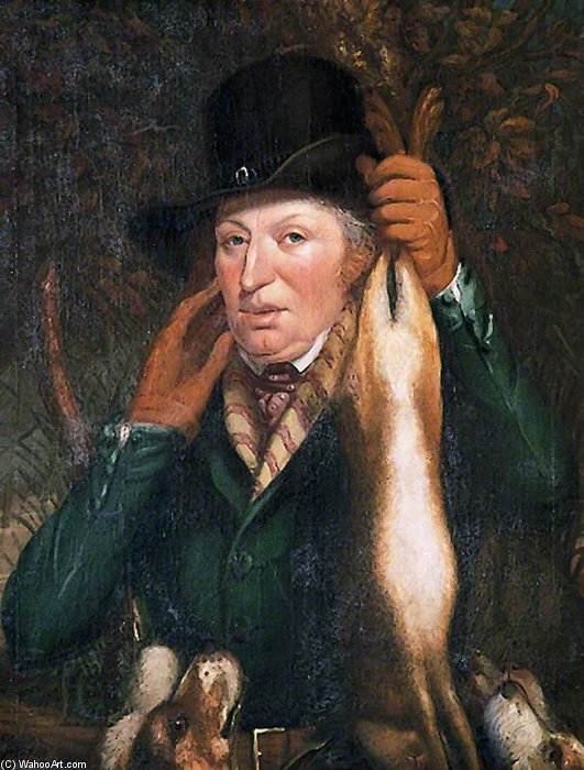 Man In A Green Coat Holding A Hare With Four Hounds At His Feet — George Smith