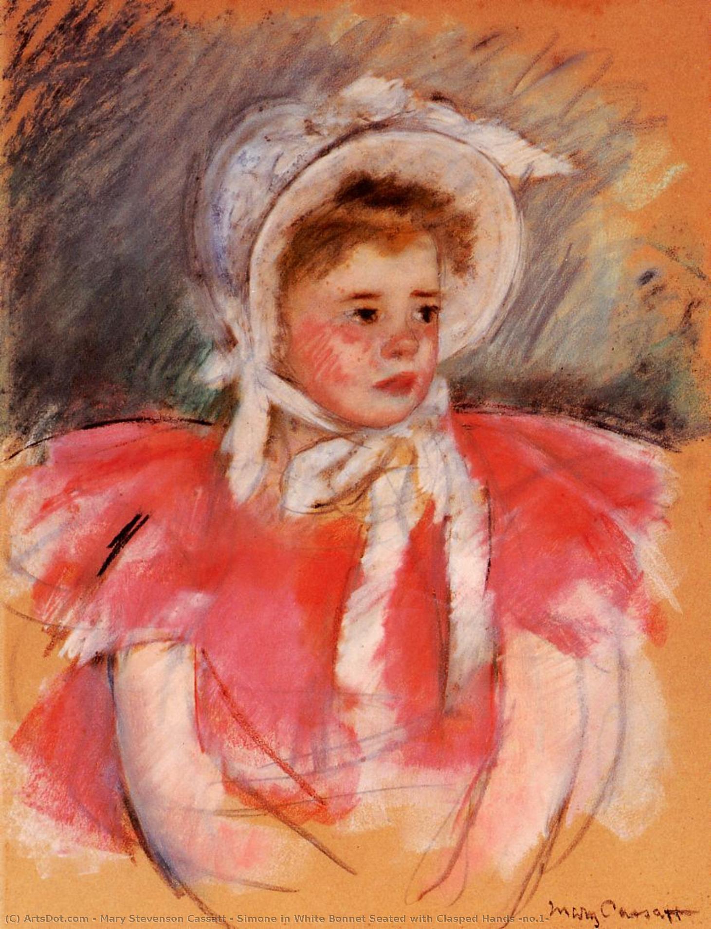 Simone In White Bonnet Seated With Clasped Hands (no.1) — Mary Stevenson Cassatt