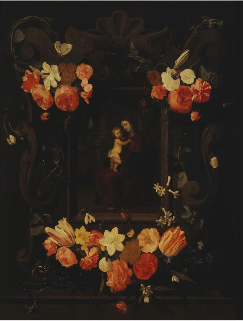 English Madonna And Child Framed A Garland Of Flowers — Erasmus Quellinus Ii