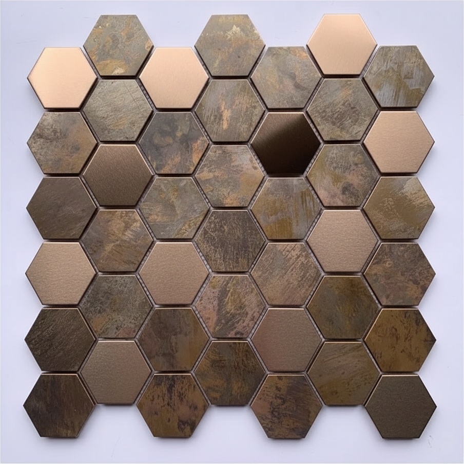 Copper & Stainless Steel Mosaic Wall Tiles - Rustic Metal Art