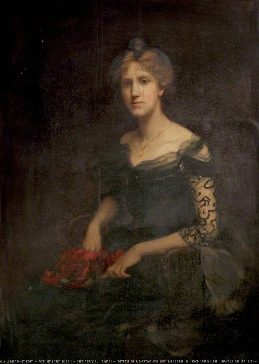 Mrs Mary E. Pennel (portrait Of A Seated Woman Dressed In Black With Red Flowers On Her Lap) — Arthur John Black