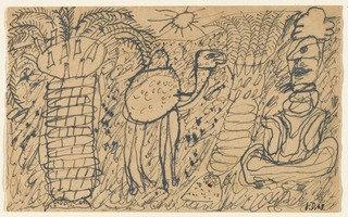 Seated Arab, Camel And Two Palm Trees, Page From The Sketchbook, El Golea, Ii — Jean Philippe Arthur Dubuffet
