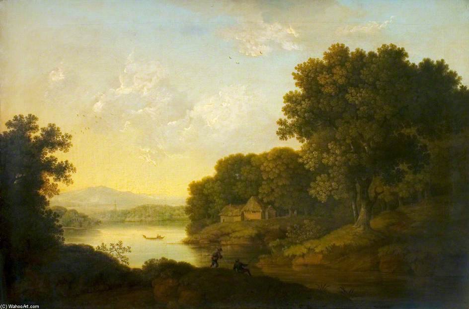 Lake Scene With A Boat And Anglers — George Smith