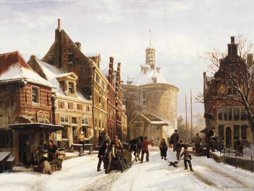 A View Of The Zuiderspui, Enkhuizen, In Winter With The Drommedaris Beyond — Cornelis Springer