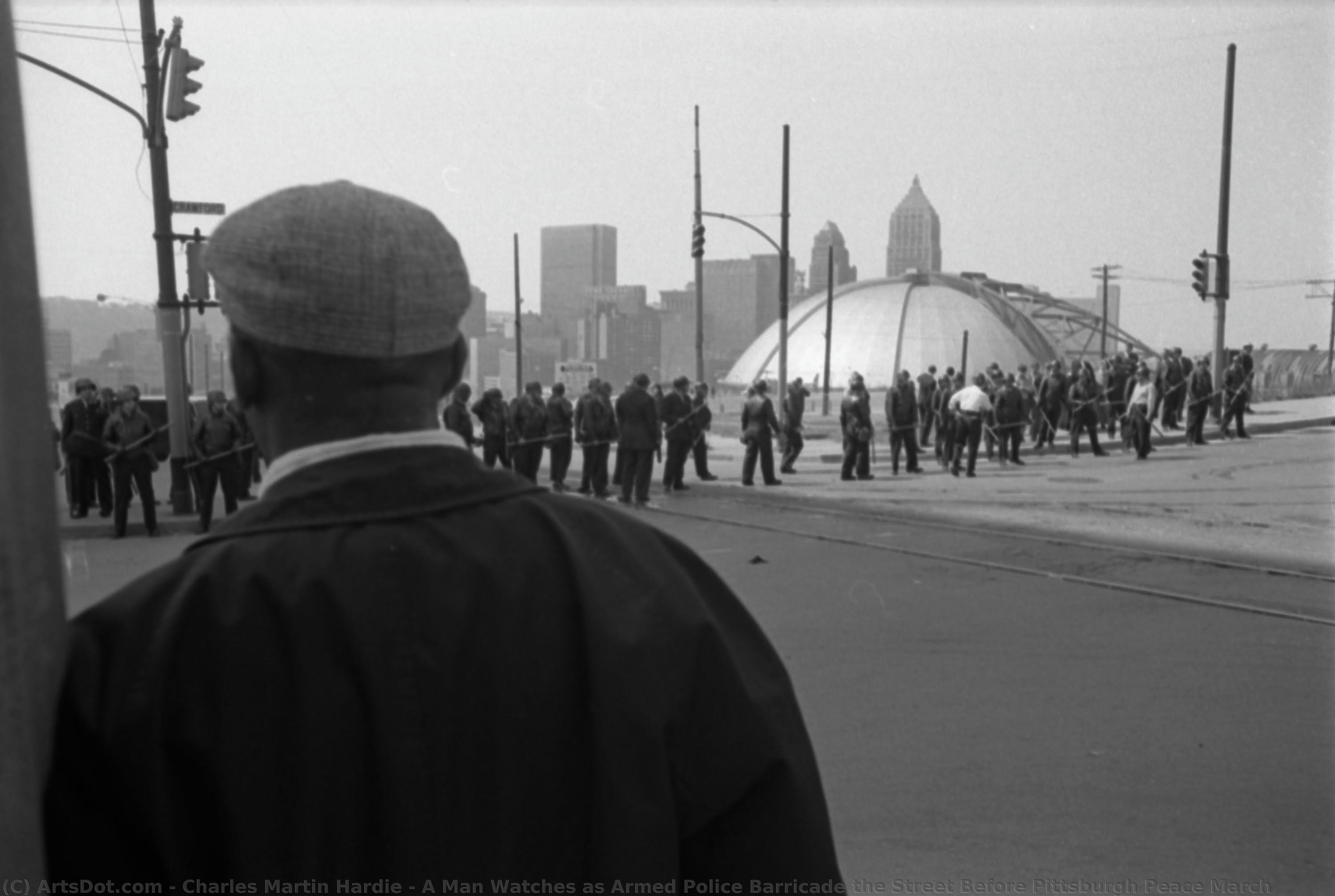 A Man Watches As Armed Police Barricade The Street Before Pittsburgh Peace March — Čarls Martin Hardi