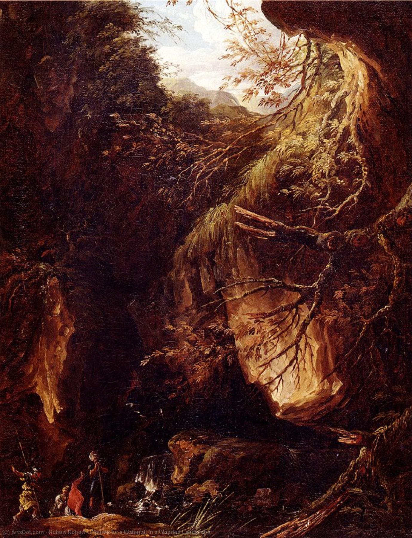 Figures By A Waterfall In A Wooded Landscape — Hubert Robert