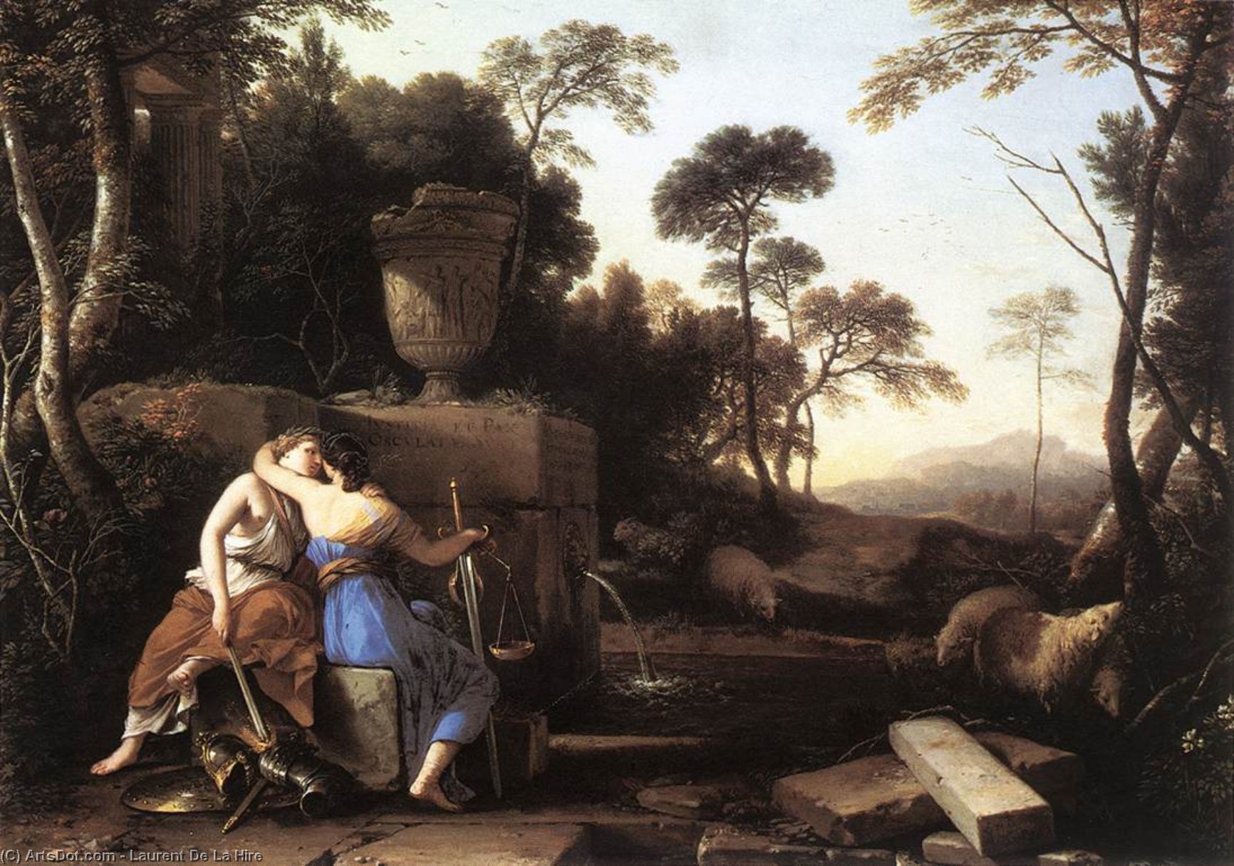 Landscape With Peace And Justice Embracing — Laurent De La Hyre