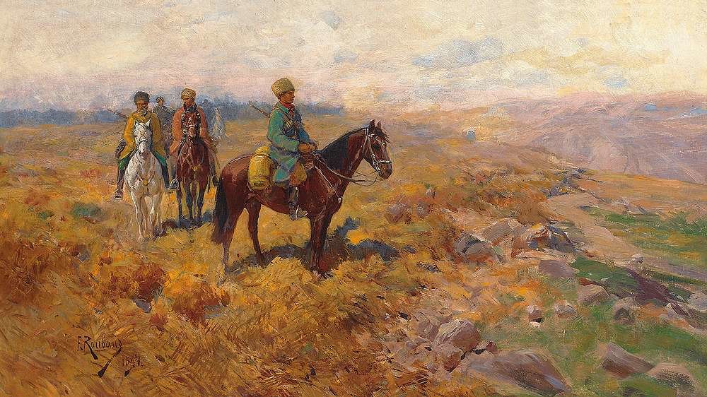 Caucasian Armed Horsemen On Patrol — Franz Roubaud