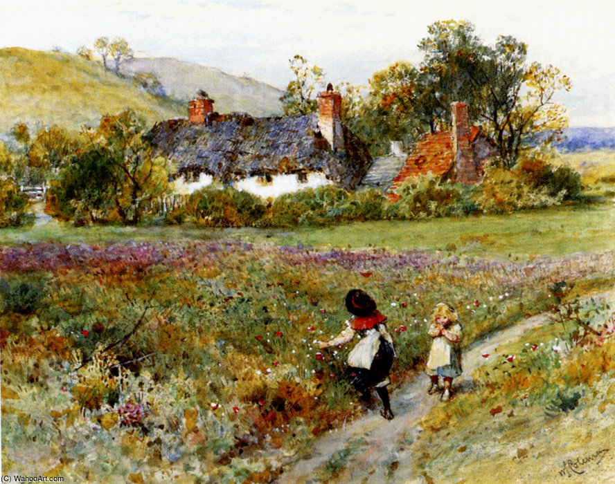 Children Playing On A Path Cottages Beyond — William Stephen Coleman