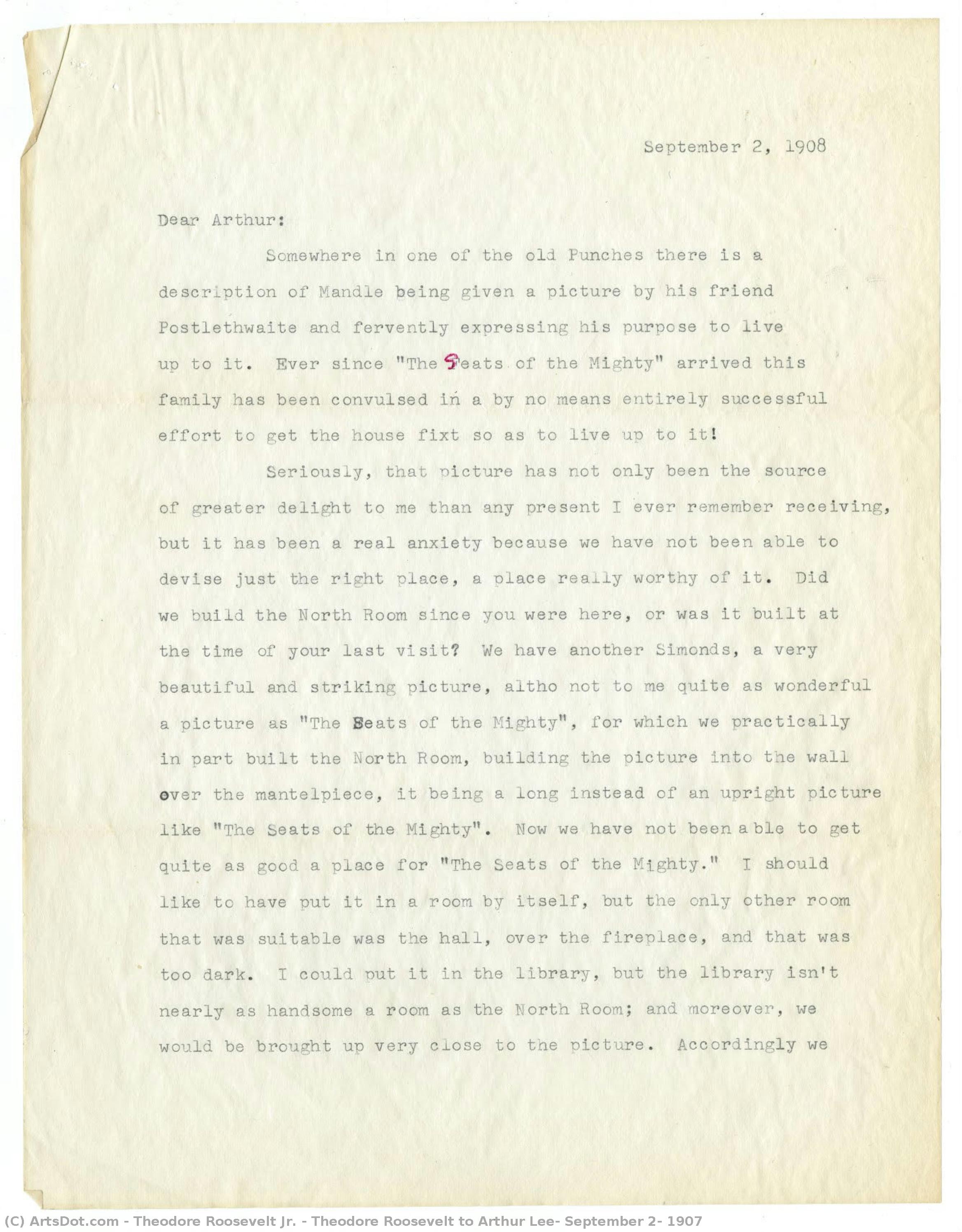 Theodore Roosevelt To Arthur Lee, September 2, 1907 — Theodore Roosevelt Jr.