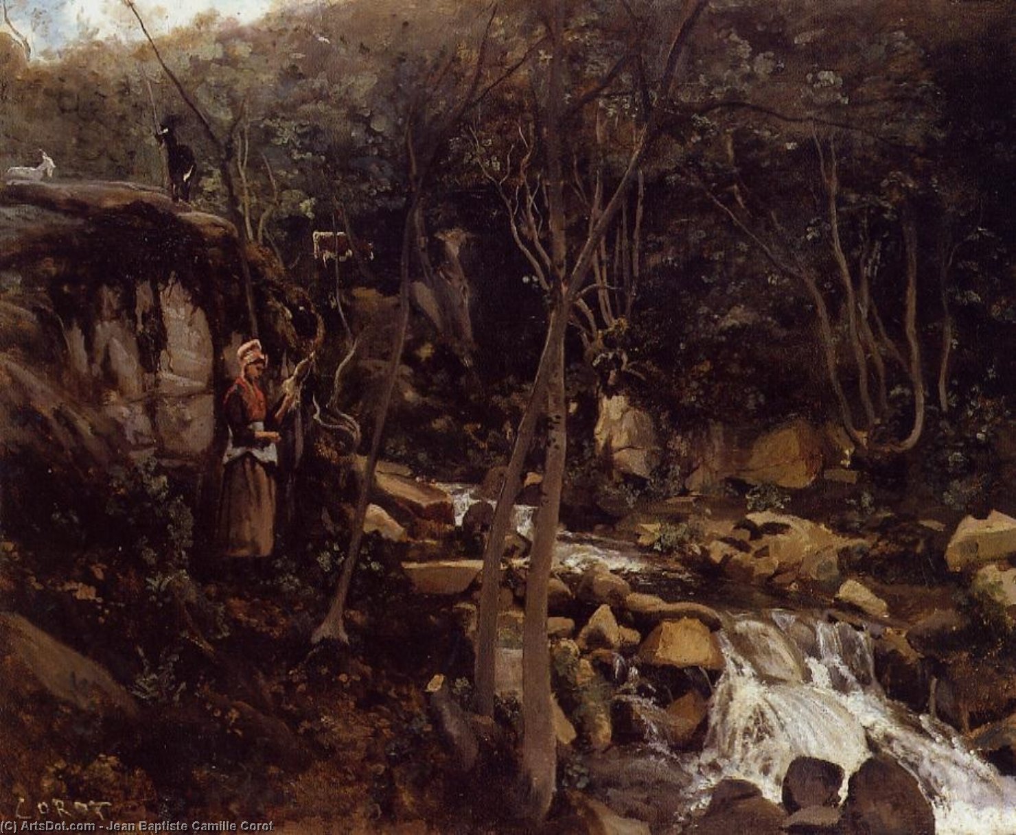 Lormes - A Waterfall With A Standing Peasant, Spinning Wool — Jean-baptiste-camille Corot