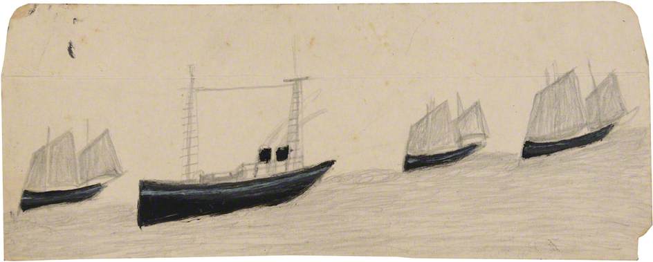 Two Funnel Steamboat Amongst Three Sailing Boats — Alfred Wallis