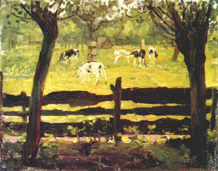 Calves In A Field Bordered By Willow Trees — Пит Мондриан
