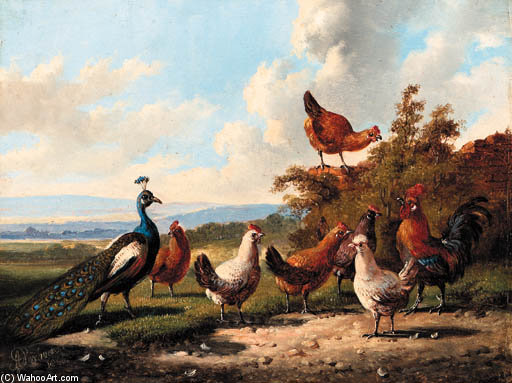Peacock, Rooster And Chickens By A Ruin; And Rooster, Chickens And Chicks In A Landscape By A Basket; Rooster, Turkey And Chickens By A Ruin — Albertus Verhoesen