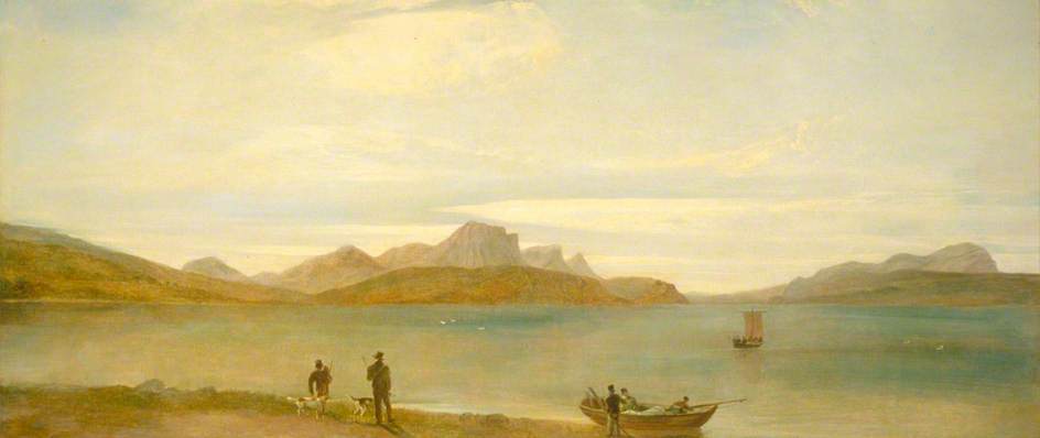 Landscape With Mountains, A Lake And Duck Hunters, View From The West Shore Of The Kyle Of Tongue, Looking South Towards Ben Loyal — Peter De Wint