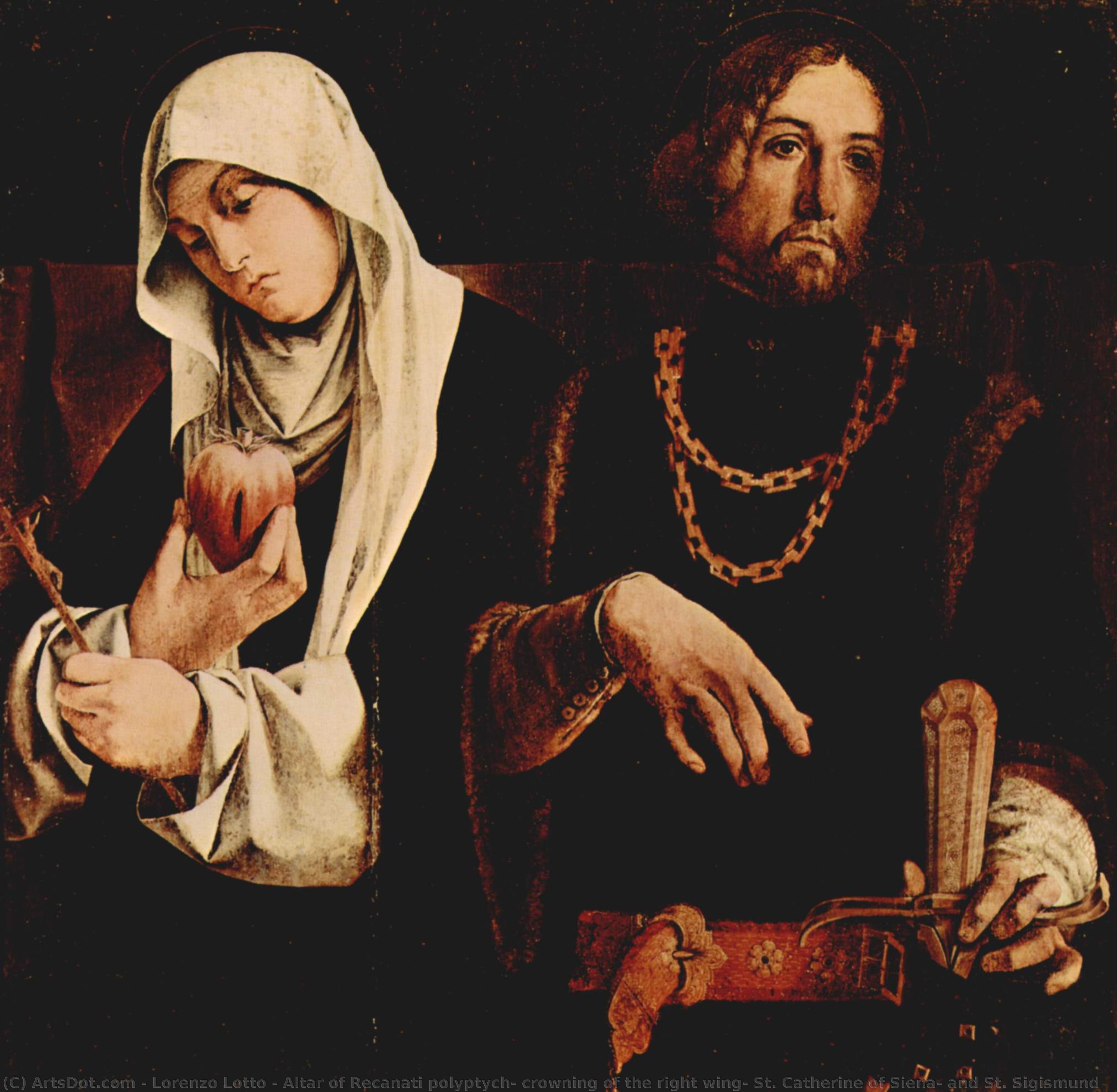 Altar Of Recanati Polyptych, Crowning Of The Right Wing: St. Catherine Of Siena, And St. Sigismund — Lorenzo Lotto