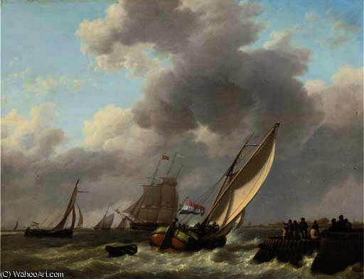 A Busy Day On The Water Near A Jetty — Johannes Hermanus Koekkoek