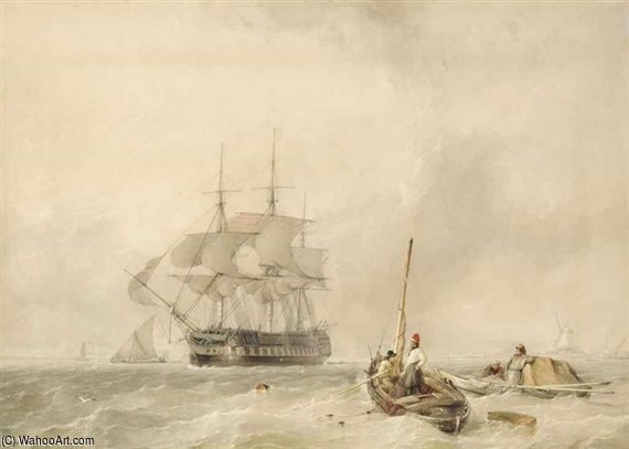 A Ship-of-the-line Getting Underway From Her Anchorage With Fishermen Observing Her As She Departs — Thomas Sewell Robins