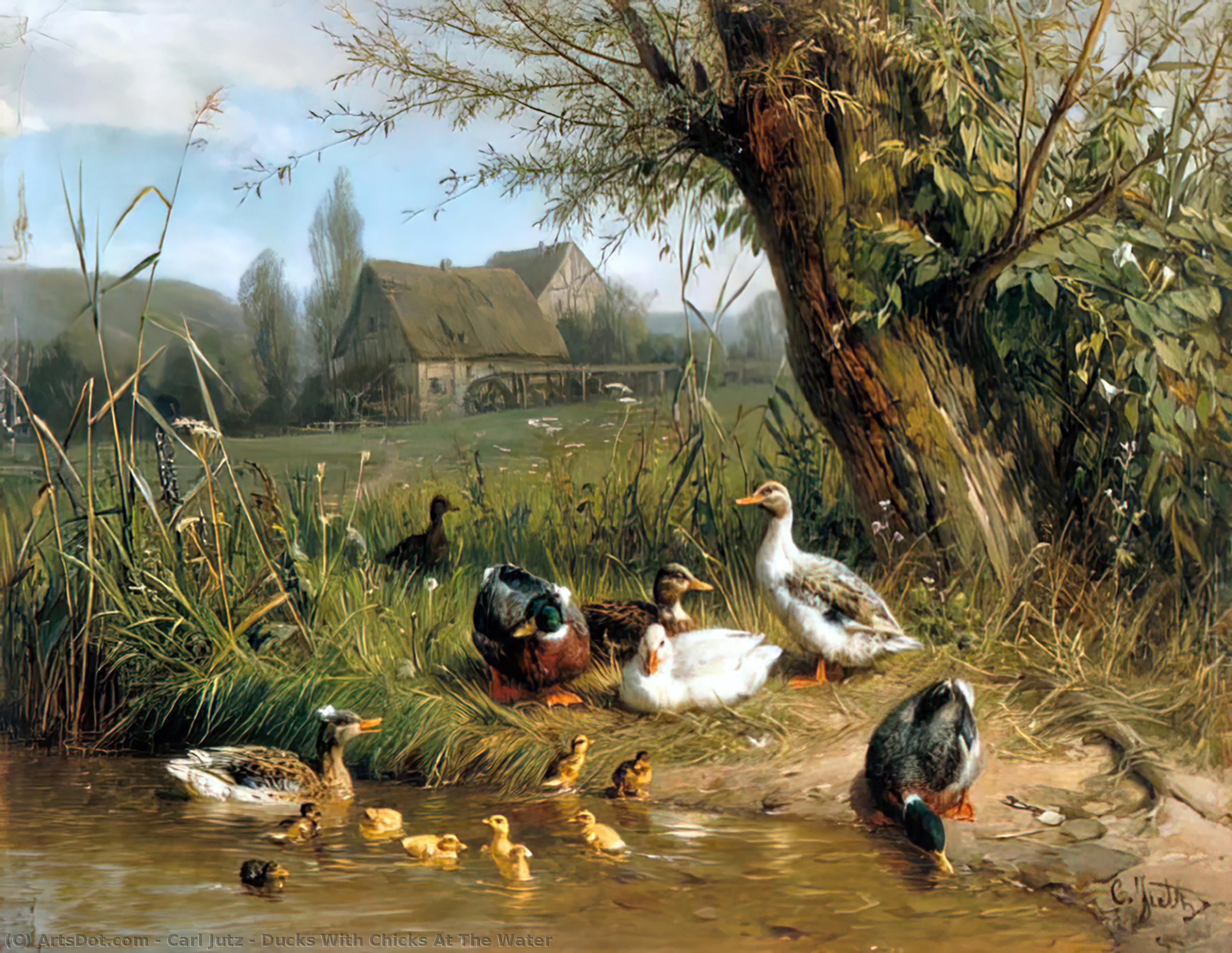 Ducks With Chicks At The Water — Carl Jutz