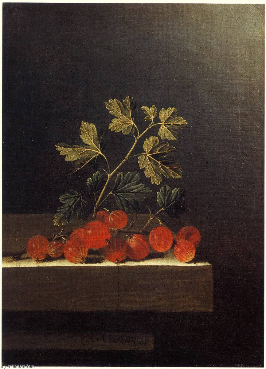 English Spray Of Red Gooseberries On A Stone Plinth — After Adriaen Coorte