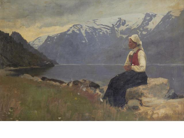 Fjord Landscape With Girl Seated On A Rock — Hans Dahl