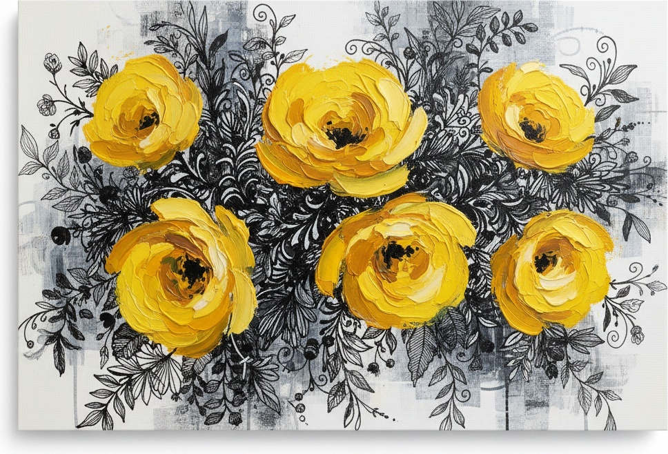 Golden Impasto Blooms Amidst A Calligraphic Web Of Midnight Botanical Vines — Christian Noiret