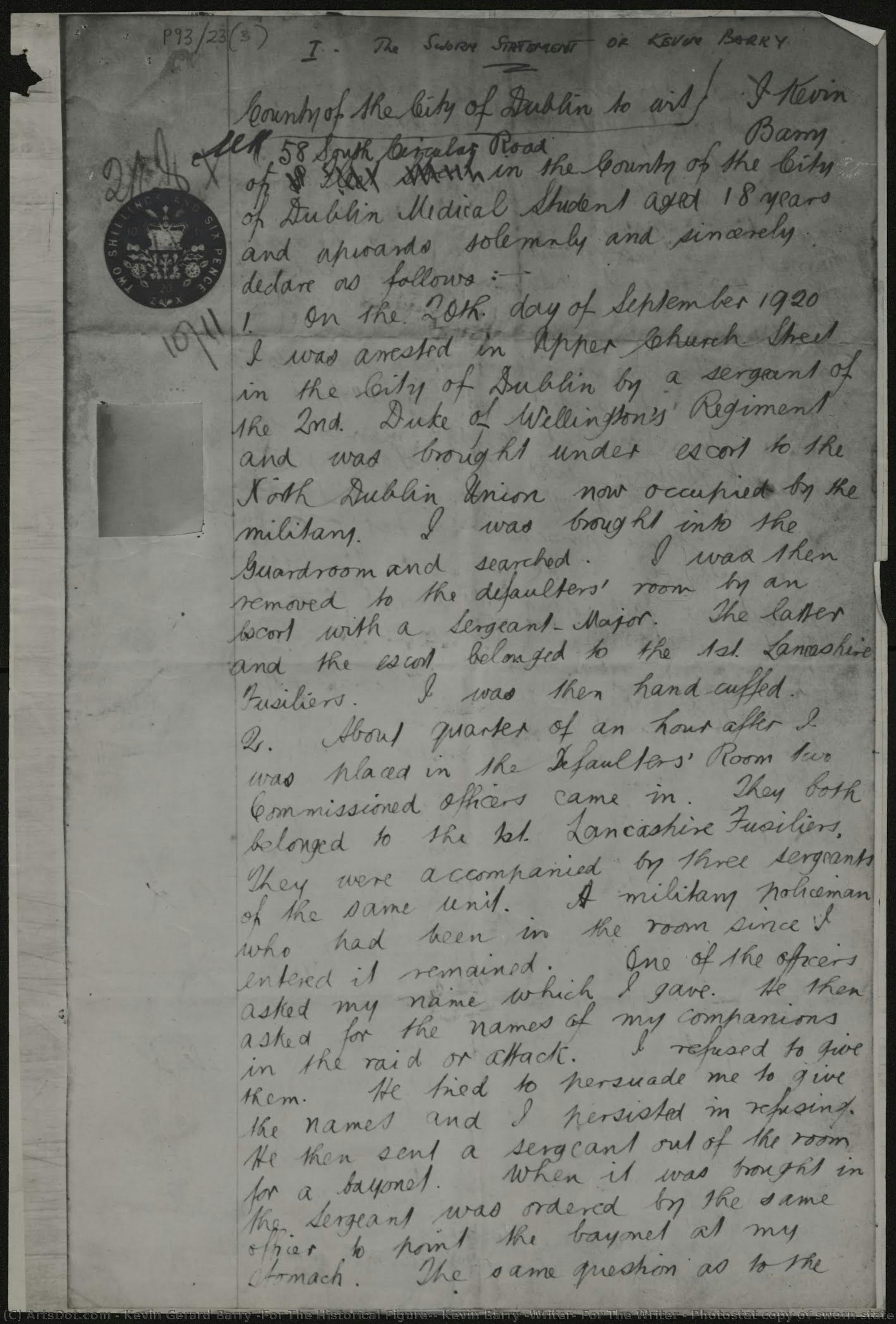 Photostat Copy Of Sworn Statement Made By Kevin Barry At Mountjoy Prison Sworn Statement By Kevin Barry: Page 1 — Kevin Barry