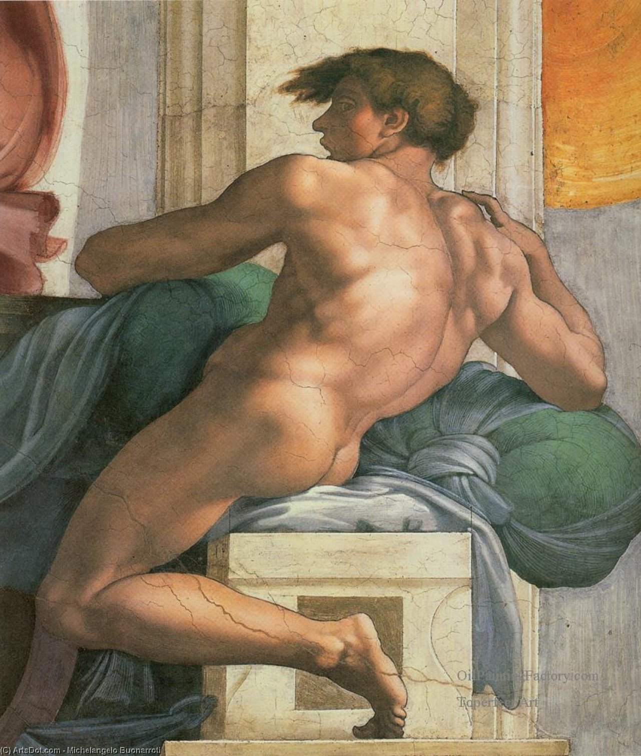 Sistine Chapel Decke Ignudi Neben Der Trennung Von Land Und Wasser Sowie Die Persische Sibylle — Michelangelo Buonarroti