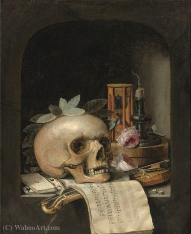 Vanitas Still Life With A Wreathed Skull, A Pochette Violin And Bow — Simon Renard De Saint André