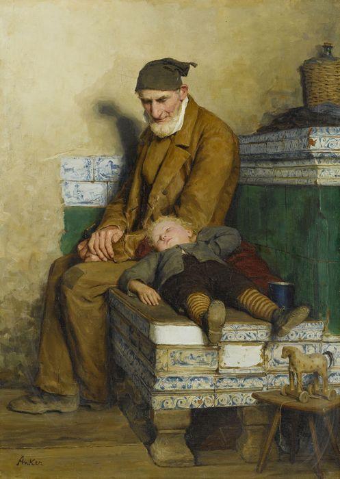 Der Alte Feissli Mit Kind Auf Ofenbank — Albert Samuel Anker