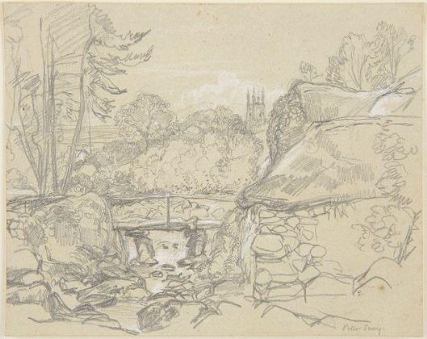 Rustic Bridge And Distant Church At Peter Tavy, Devon — John Frederick Lewis
