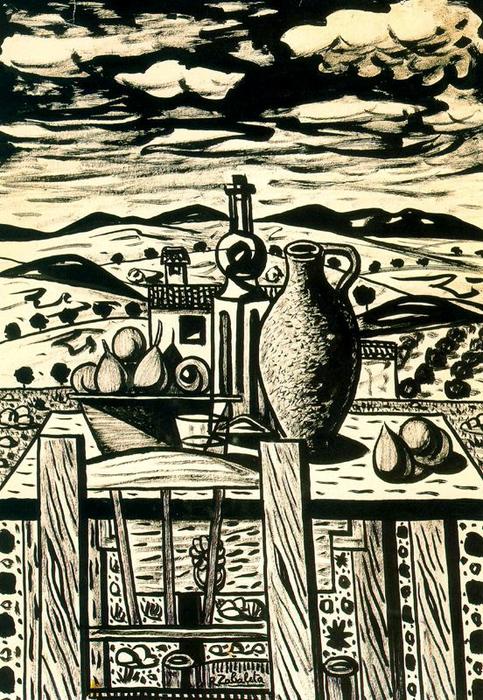 Still Life, Table Figs, Jar, Bottle Of Anise — Rafael Zabaleta Fuentes