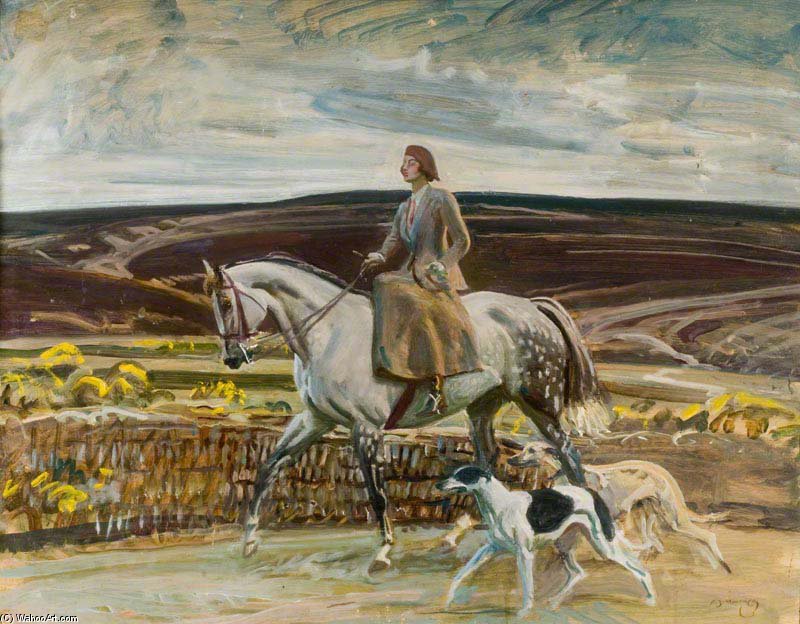 Study Of Lady Munnings Riding With Her Dogs On Exmoor — Sir Alfred James Munnings