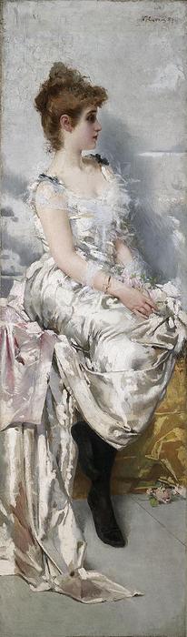 Ritratto Di Giovane Donna In Abito Binaco Con Fiori — Vittorio Matteo Corcos