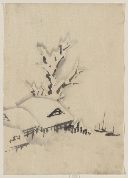 Buildings And Large Tree On The Waterfront, With Two Boats Anchored Offshore — Katsushika Hokusai