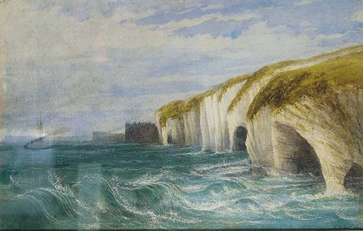 Steamer Off The Coast With Dunluce Castle, Co. Antrim Beyond — Andrew Nicholl