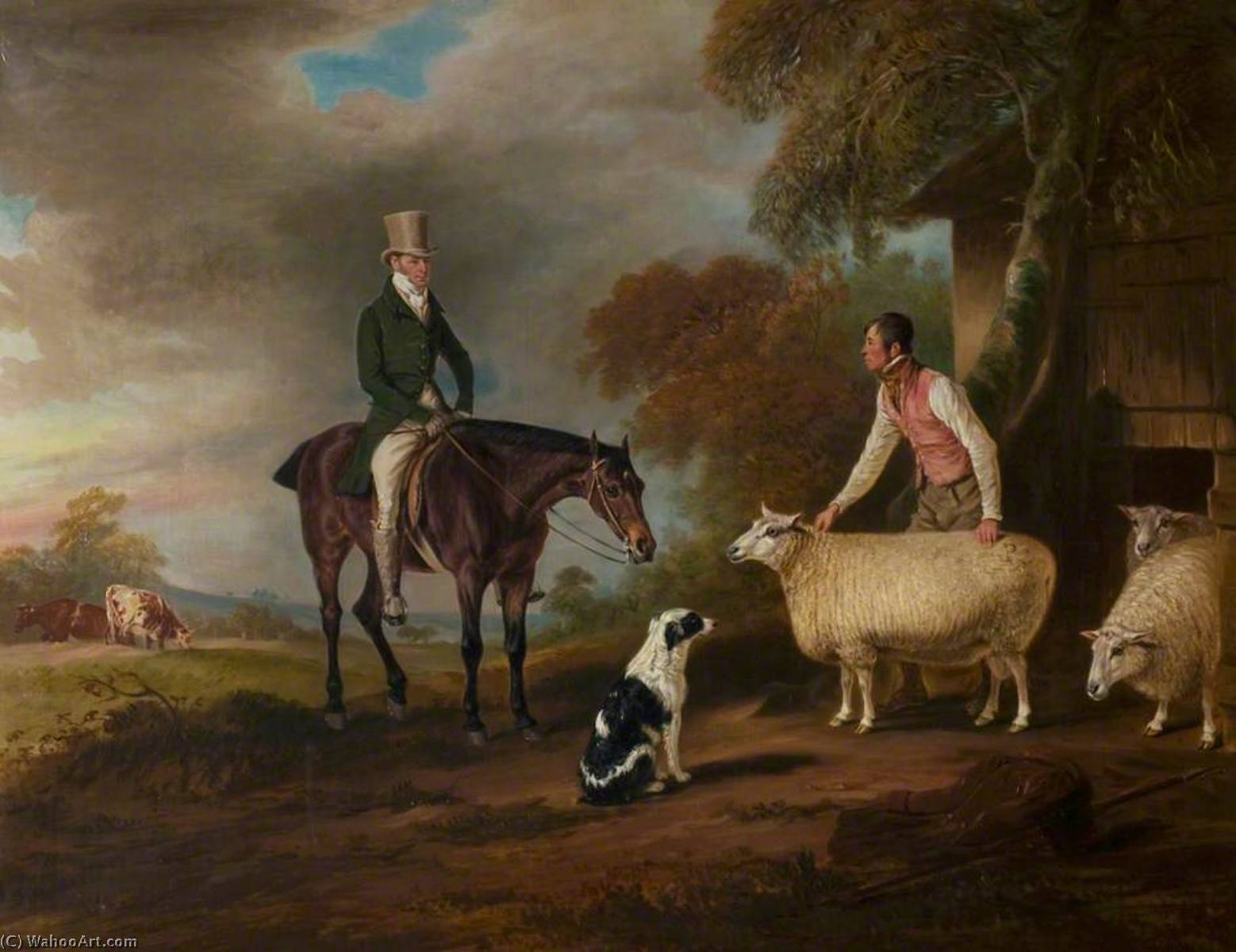Sir John Palmer On His Favourite Mare With His Shepherd, John Green, And His Prize Leicester Longwool Sheep — Sr John E Ferneley