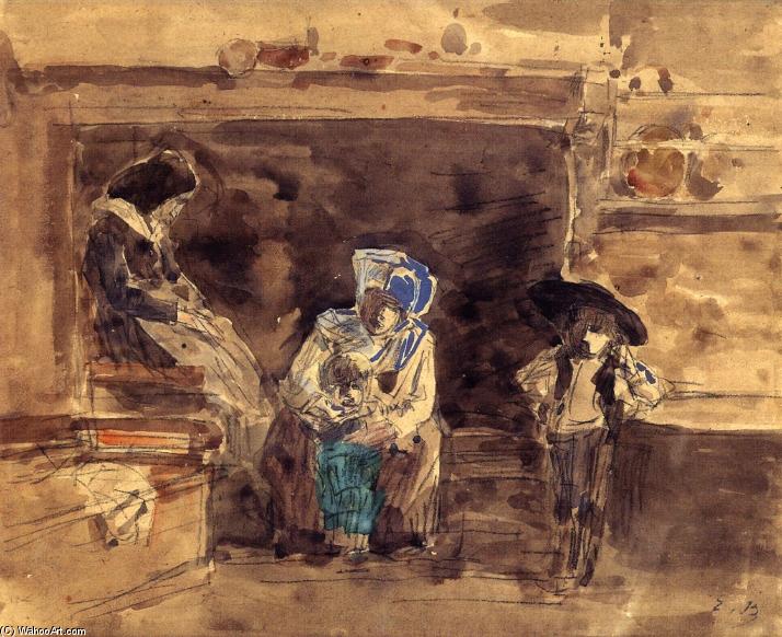 Breton Family By The Fireplace — Eugène Louis Boudin