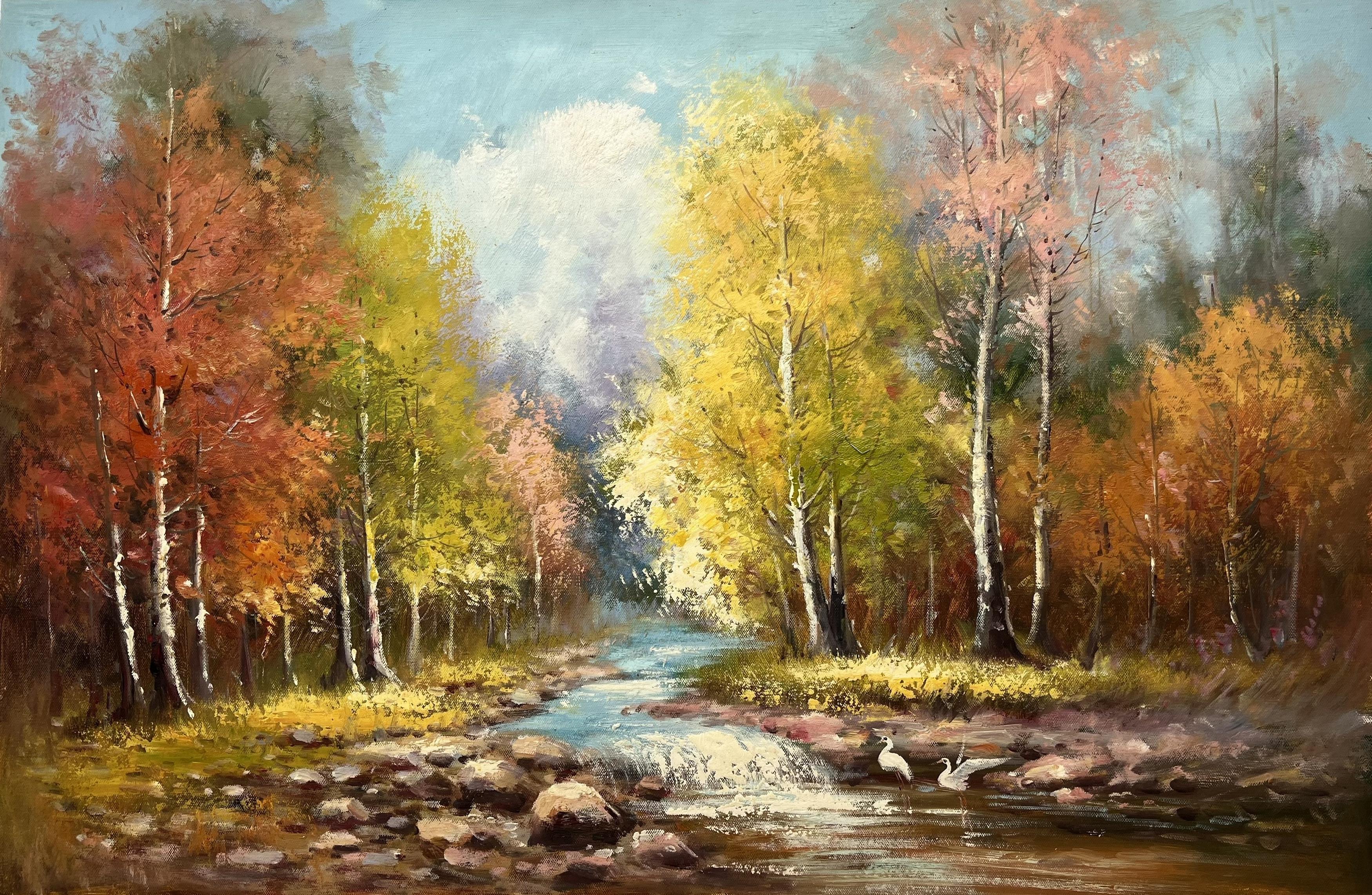 Autumn Woodland Stream With White Birds