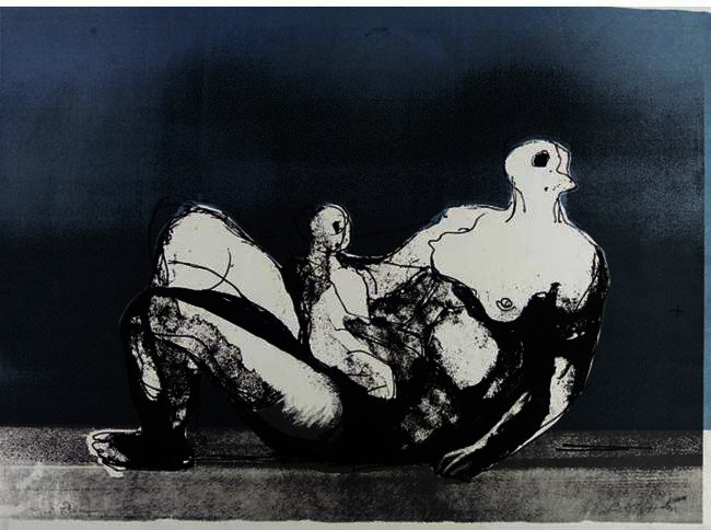 Reclining Mother And Child With Blue Background — Henry Moore