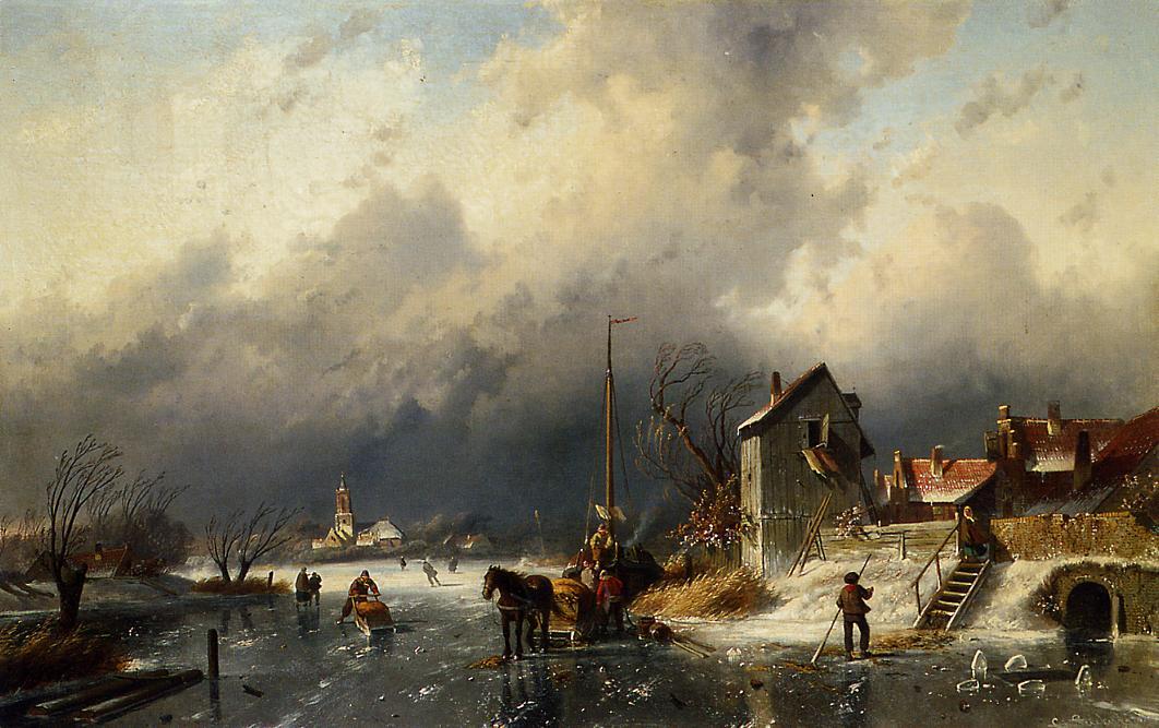 A Frozen River Landscape With A Horsedrawn Sleigh — Charles Henri Joseph Leickert