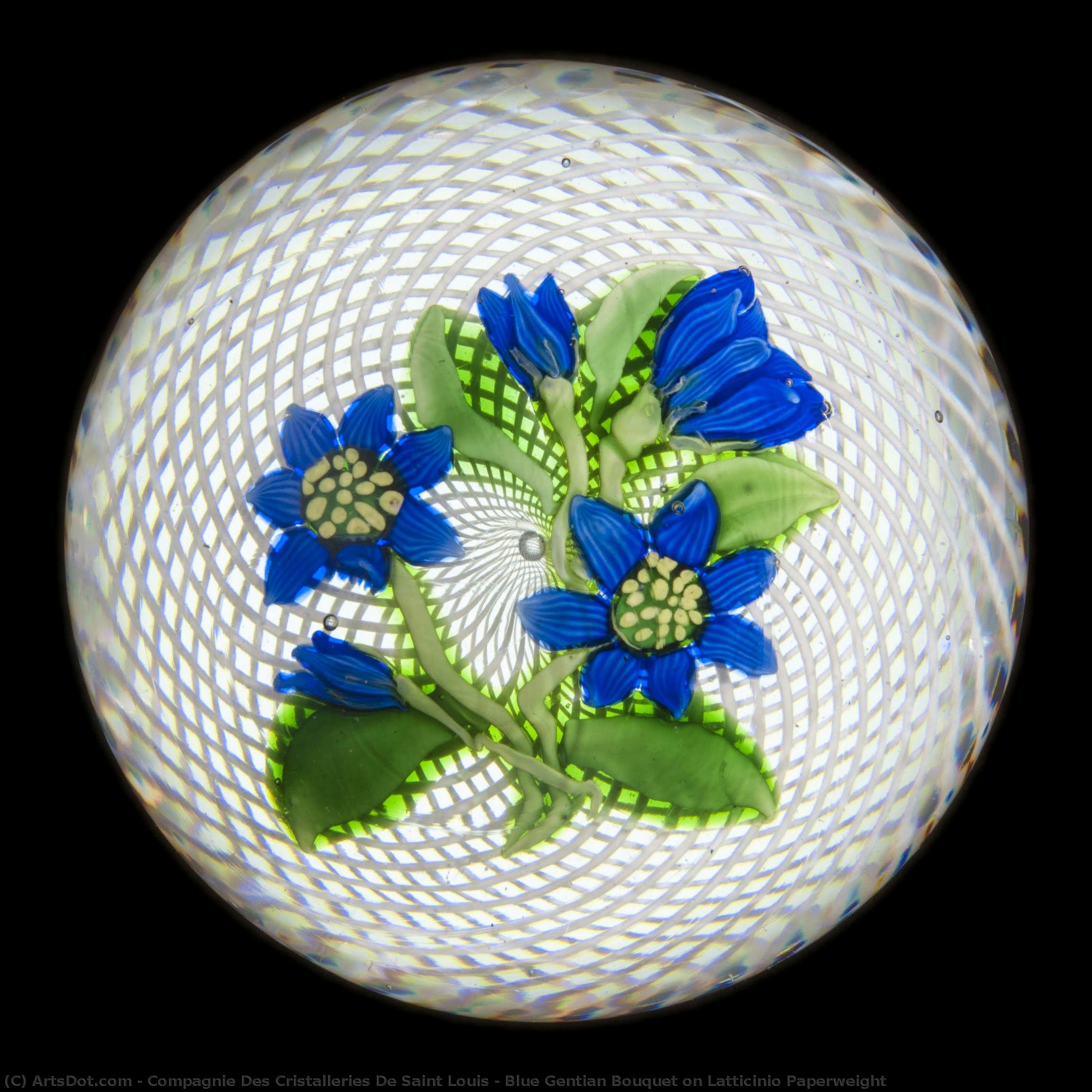 Blue Gentian Bouquet On Latticinio Paperweight — Compagnie Des Cristalleries De Saint Louis