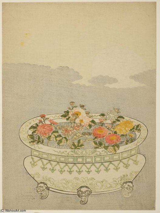 Chrysanthemums And The Rising Moon — Suzuki Harunobu