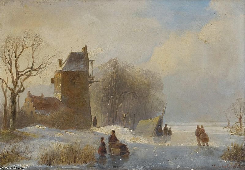Skaters On The Ice By A Farmhouse — Andreas Schelfhout