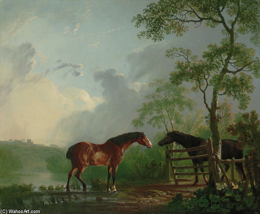 A Mare And Stallion In A Wooded Landscape, Beside A Lake — Sawrey Gilpin