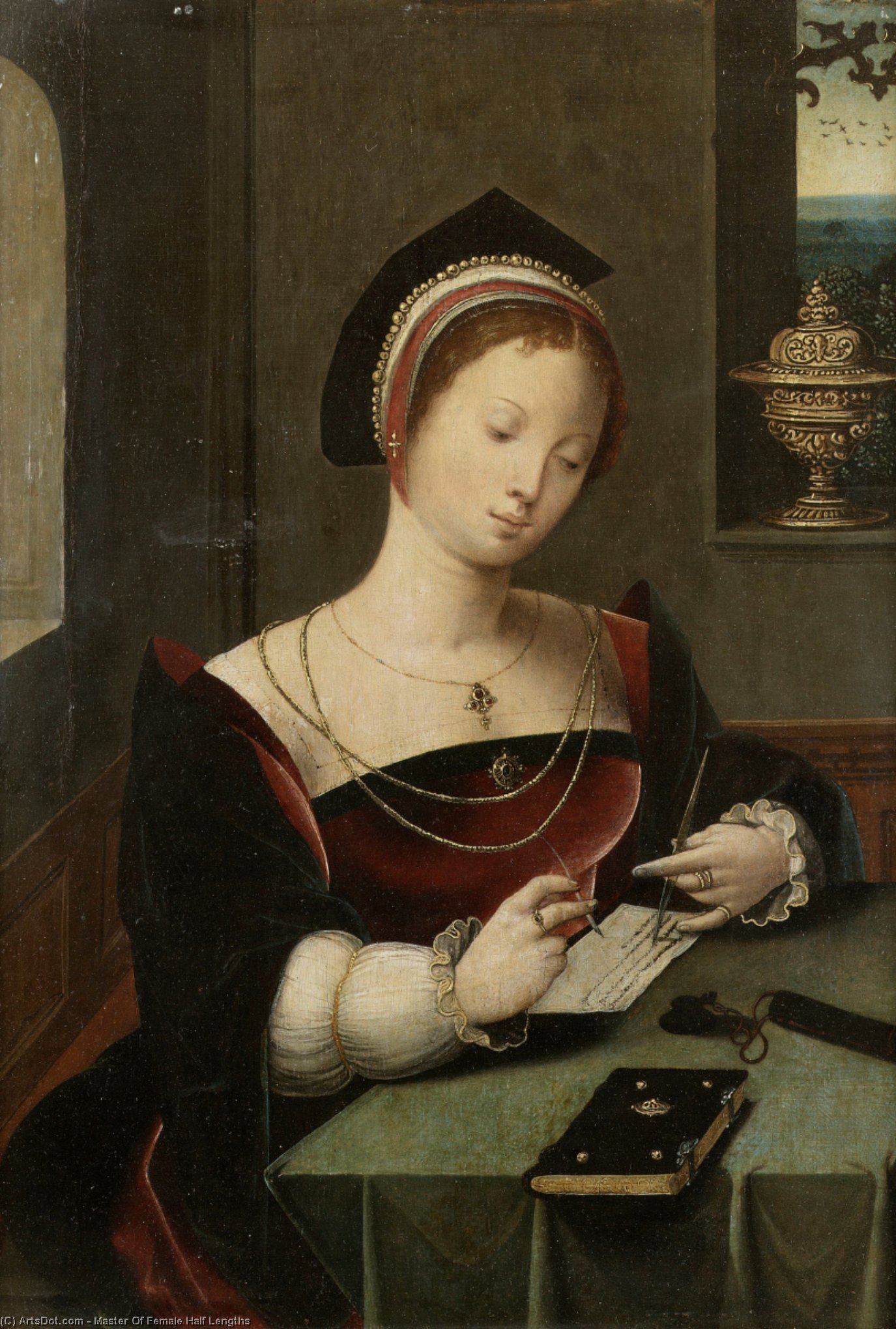 A Woman As The Magdalen Writing At A Table In An Interior. — Master Of Female Half Lengths