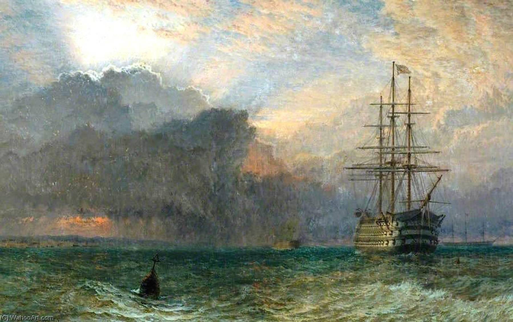 Man Of War And A Stormy Sunset The Guardship — Henry Thomas Dawson