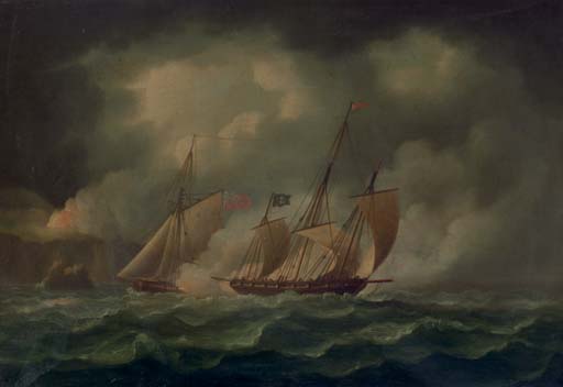 A Revenue Cutter Chasing A Pirate Lugger — トーマス・バタースワース